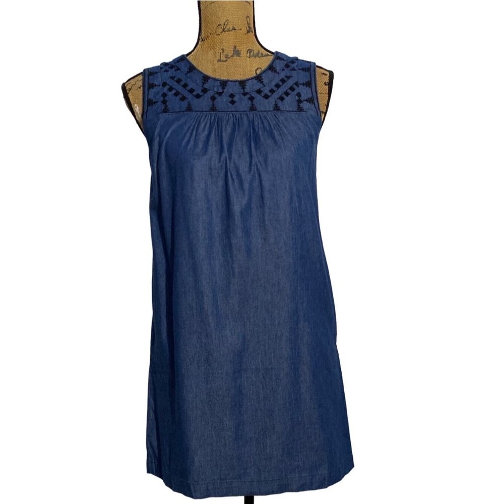 New Maison Jules XS Denim Dress Shift Pockets Blue Black Embroider Cotton Work